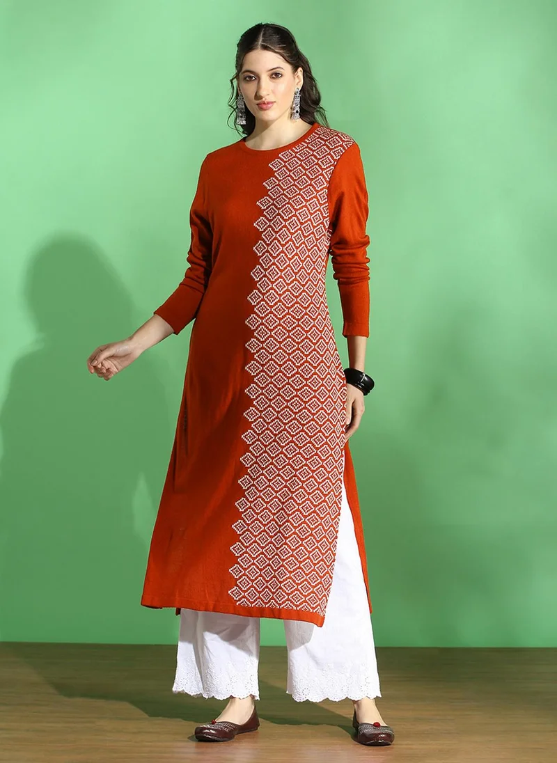 جلو باص جلوبس نسائي كارديجان محبوك أكريليك بطبعة هندسية وياقة مستديرة وأكمام كاملة